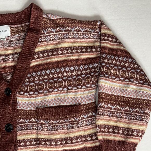 Pink Rose Fair Isle Pattern Cardigan Sweater Size L Women’s Button-Front Cropped - Picture 4 of 12